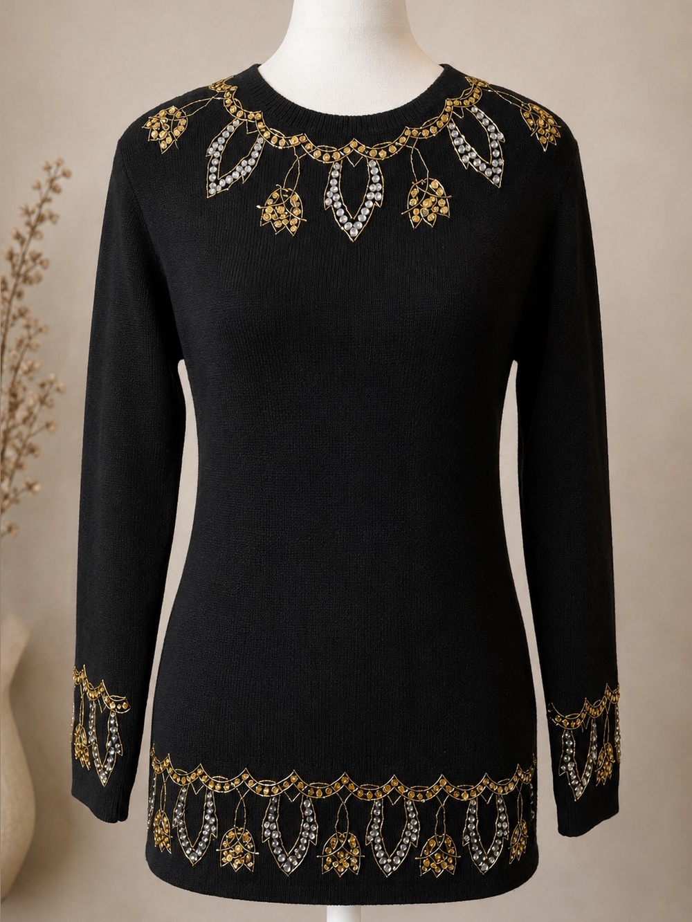 Vintage 1980’s Lambswool & Angora Embellished Black Sweater Tunic - Size M